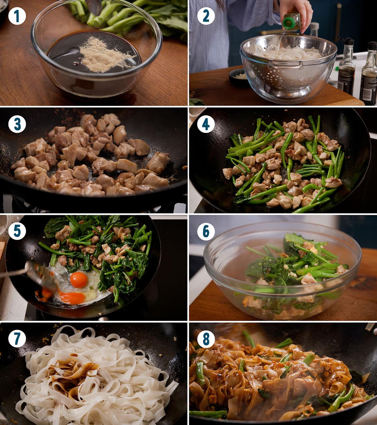 A step-by-step collage shows how to make Pad See Ew: mixing sauce, cooking chicken and vegetables, adding eggs, noodles, and sauce, then combining all ingredients in a wok for a delicious Thai Pad See Ew dish.