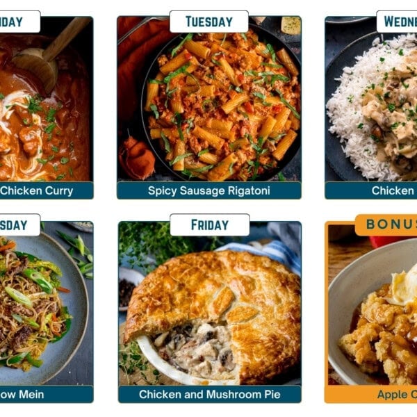 A meal plan grid of six images: Monday chicken curry, Tuesday sausage rigatoni, Wednesday chicken à la king, Thursday beef chow mein, Friday chicken mushroom pie, and a bonus dessert: apple crumble.