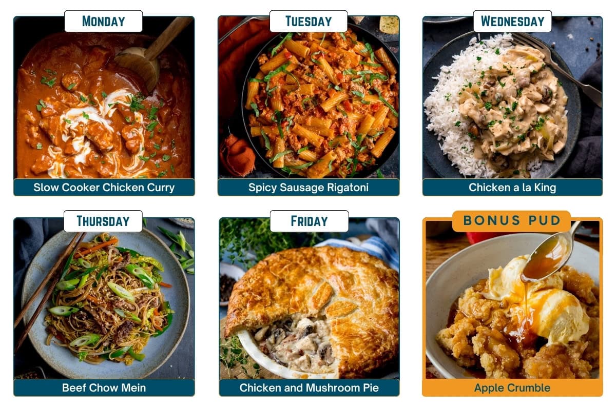 A meal plan grid of six images: Monday chicken curry, Tuesday sausage rigatoni, Wednesday chicken à la king, Thursday beef chow mein, Friday chicken mushroom pie, and a bonus dessert: apple crumble.