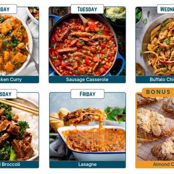 A weekly meal plan grid featuring chicken curry, sausage casserole, buffalo chicken pasta, beef and broccoli, lasagna, and almond croissants.