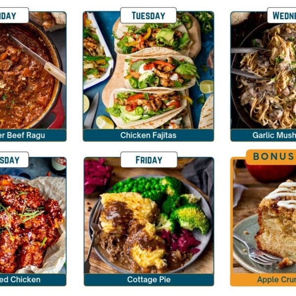 A meal plan grid showing six dishes labelled Monday to Friday with a bonus snack: beef ragu, chicken fajitas, garlic mushroom pasta, Korean fried chicken, cottage pie, and apple crumble cake.