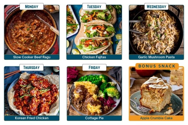 A meal plan grid showing six dishes labelled Monday to Friday with a bonus snack: beef ragu, chicken fajitas, garlic mushroom pasta, Korean fried chicken, cottage pie, and apple crumble cake.