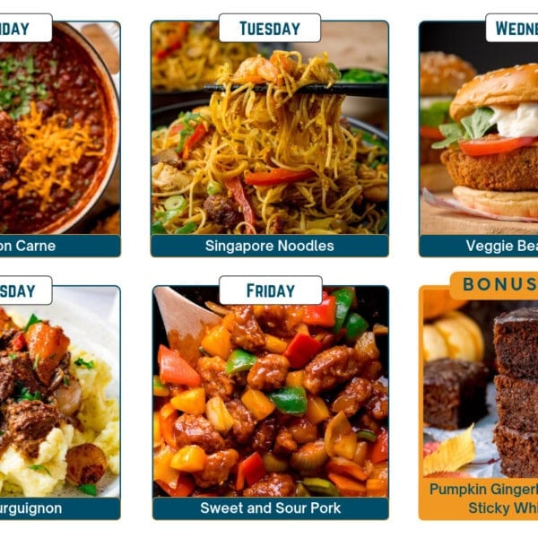 A weekly meal plan of chilli con carne, Singapore noodles, veggie bean burgers, beef bourguignon, sweet and sour pork, and pumpkin gingerbread cake with sticky whisky glaze.