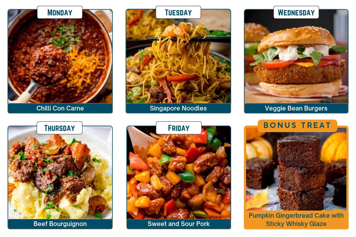 A weekly meal plan of chilli con carne, Singapore noodles, veggie bean burgers, beef bourguignon, sweet and sour pork, and pumpkin gingerbread cake with sticky whisky glaze.