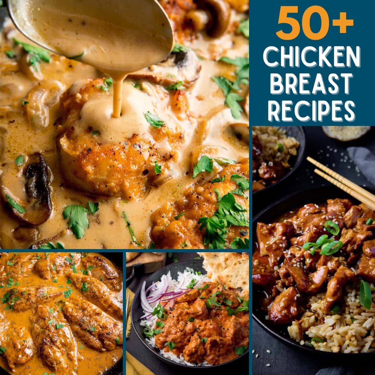 A collage of creamy mushroom chicken, curry, and stir-fry dishes accompanied by the text 50+ easy chicken breast recipes.