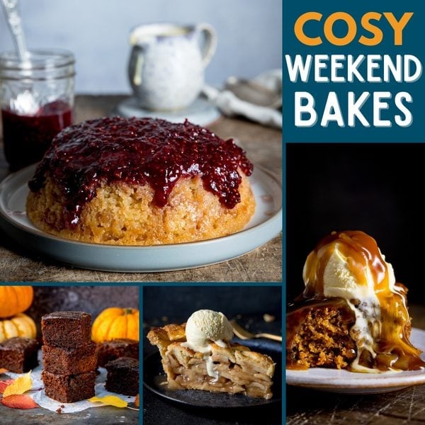 A collage of Cosy Weekend Bakes, including a jam-topped sponge pudding, stacked brownies, and slices of pie, with the text COSY WEEKEND BAKES.