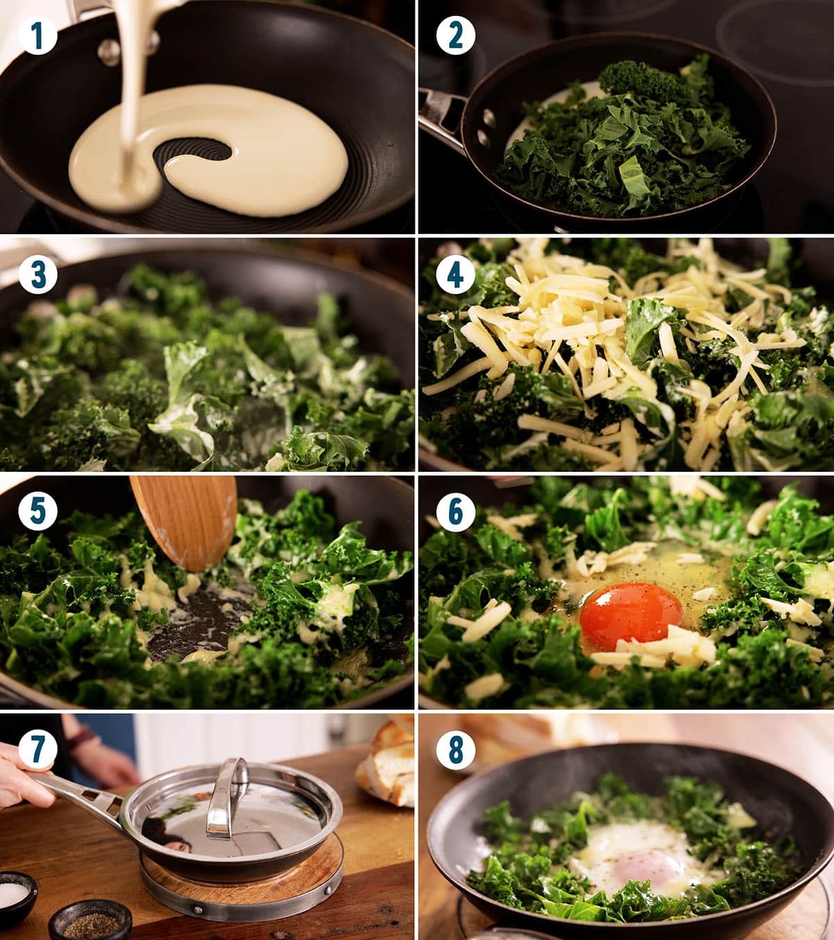 An eight-step photo tutorial for preparing creamy breakfast eggs and sautéed kale in a single frying pan.