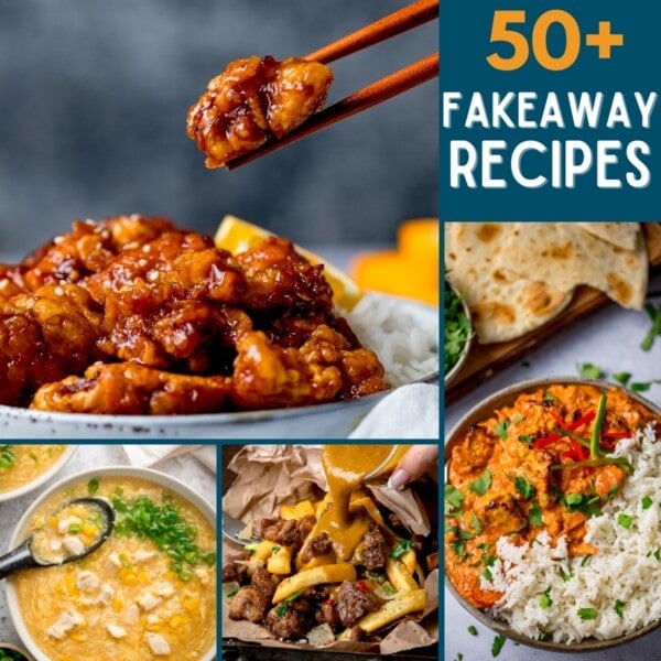 A collage of takeaway-style dishes including sweet and sour chicken, egg drop soup, curry, and chips, with text overlaying 50+ fakeaway recipes.