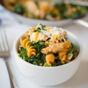 Garlic Chicken pasta with Kale - a tasty one-pot dish ready in 25 minutes.