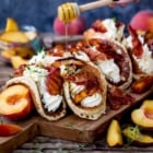 Pancake Tacos with caramelized peaches and pancetta Pancake Tacos with Caramelized Peaches and Pancetta! Plus lashings of whipped cream...